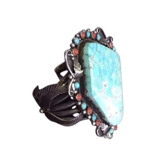 Antique Cuff Bracelet Green Turquoise Coral Sterling Silver Navajo Native Signed - Picture 13 of 14